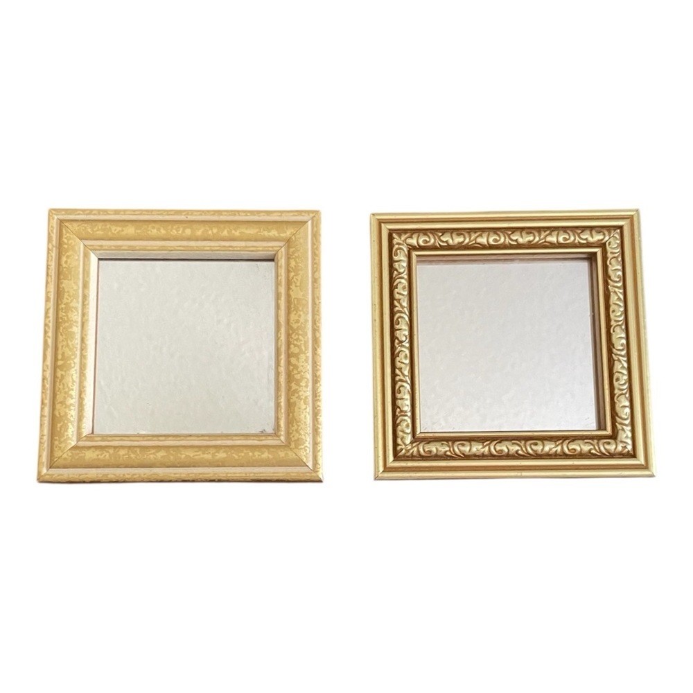 Set of Two Gold Square Small Framed Accent Mirrors Gilded Detailed Wood